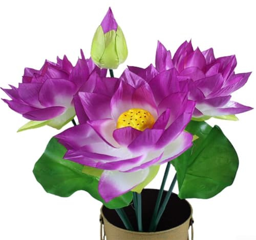For Wedding Party Garden Decor, Artificial Lotus Stalks, 7 Forks, 3 Flowers, 3 Leaves (Purple)