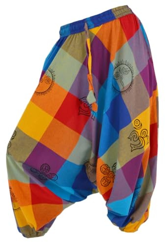 Ethnique Mode Pantaloni Sarouel Svasati Multicolore, Motivo a Quadri con Simboli, Stile Hippie, Cintura Elastica, multicolore, L