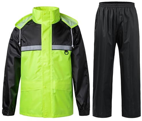 KTWOLEN Impermeabile da Pioggia Completo con Cappuccio e Strisce Riflettenti Giacca e Pantaloni Impermeabili Uomo Traspirante e Leggero per Bici Moto Trekking e Lavoro all'Aperto, Verde, L