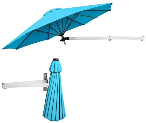 KOMFOTTEU Ombrellone a Muro da Balcone Regolabile in Altezza e ad Angolo, Ombrellone da Parete Richiudibile con Palo in Metallo, Protezione da Sole, Anti UV, Ombrellone da Giardino 250 cm (Turchese)