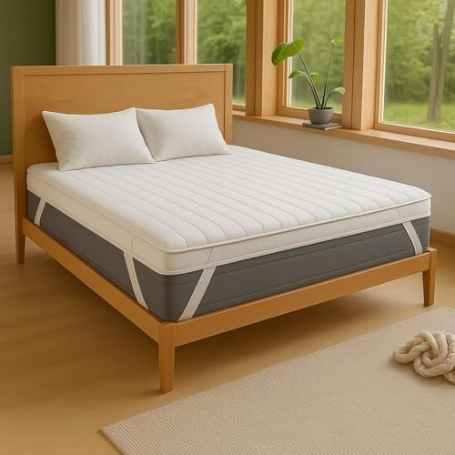 4AS Supersoft Mattress Topper Double Bed - Hypoallergenic & Breathable 4CM Microfiber Filling Extra Thick Mattress Topper with Elasticized Corner Straps - White (Double -137x190 cm)