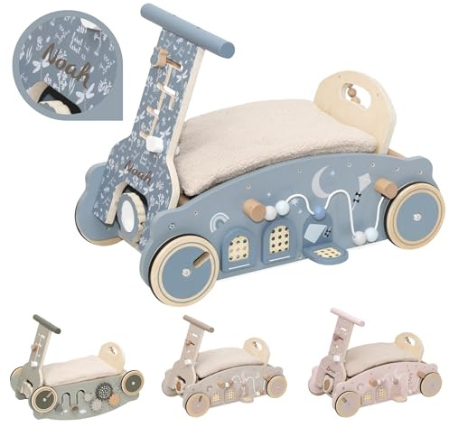 3in1 Lauflernwagen aus Holz personalisiert Olive – Lauflernhilfe, Rutscheauto & Wippe in einem – Montessori Motorikspiel – Stabiler Baby Schiebewagen für erste Schritte – Geschenk zum 1. Geburtstag
