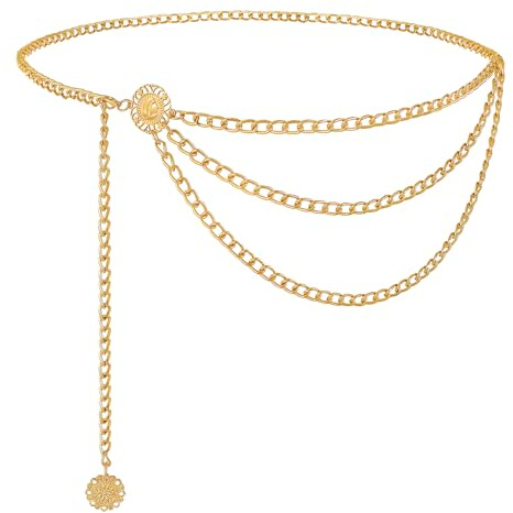 LEACOOLKEY Damen Gürtel Kettengürtel Metall Taillenkette Mehrschichtiger Taillengürtel Gold Hüftkette für Kleider und Jeans
