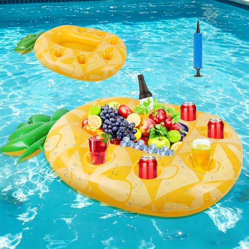 RNPKZ Getränkehalter Pool, Aufblasbarer Getränkehalter Schwimmender, 2 in1 Getränke und Snackhalter mit 7 Löcher, Pool Getränkehalter,Poolbar Aufblasbar für Sommer Poolparty Strand Mottoparty (Ananas)