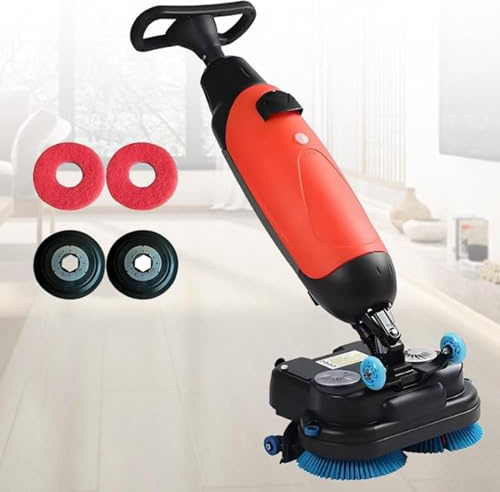 Autolaveuse de sols durs commerciale, portable et sans fil, avec double brosse rotative et tête pivotante à 360° pour un nettoyage efficace.