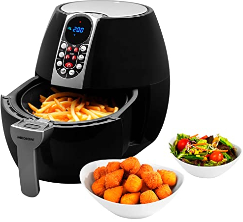 MEDION E10 S Heißluftfritteuse (Leistung ca. 1500 Watt, Airfryer, Digitales Bedienfeld, Nutzinhalt gesamt 4 Liter, Ölfreies Frittieren, 30 Min Timer, Überhitzungsschutz, MD 17320) schwarz
