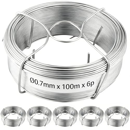 Amagabeli Fil de Fer Galvanisé Ø0.7mm x 100m x 6pcs Rouleau de Fil Acier Galvanise Metal Fil d'attache Metallique Fil de Tension pour Les Plantes