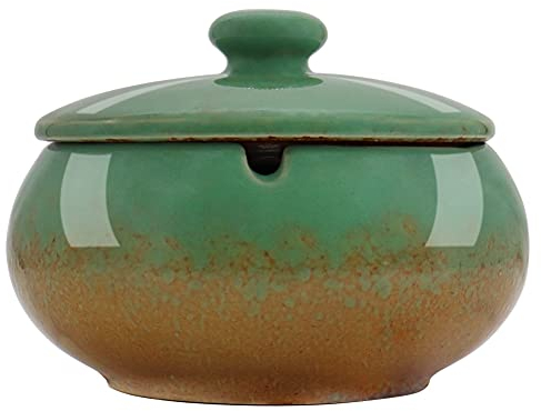 HONZUEN Aschenbecher Keramik mit Deckel Sturmaschenbecher fur Draußen, Windaschenbecher Groß Tischaschenbecher, Einfach zu Säubern Außenaschenbecher Ashtray für Garten Terrasse und Büro, Grün