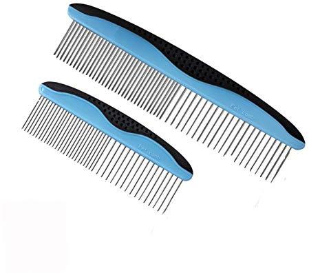LovinPup Pet Metal Comb for Dogs and Cats (2-Pack) - Stainless Steel Rounded Teeth for Painless Detangling - Dual-Spacing for Small & Large Pets with Comfort Grip Handle - Professional Grooming Tools