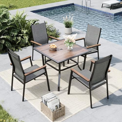 MFSTUDIO 5-Piece Patio Dining Set, Aluminum Stackable Chairs, Textilene | Garden Table and Chairs Set 5, 94 CM Square Wood-Like Table with 4 cm Umbrella Hole, 4 Stackable Textilene Chairs