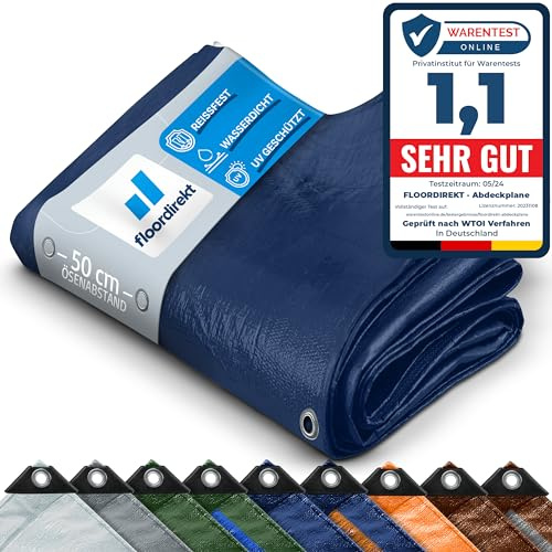 Floordirekt Tarpaulin, All-weather Waterproof, Heavy-Duty Tarp (4 x 6 m (140 g/m²) Blue) Protective Tarpaulin for Tents, Camping Underlay, Outdoor & Garden | With Eyelets