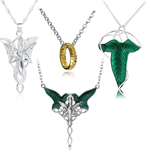 YouU Lot de 4 colliers Arwen avec pendentif étoile du soir et pendentif en forme de feuille verte, Métal, Pas de gemme