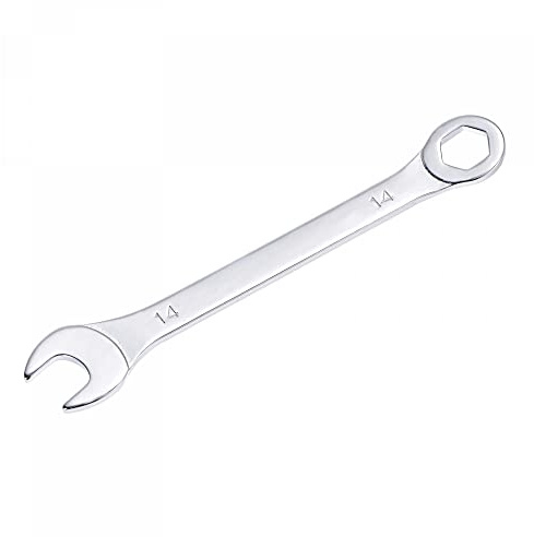 sourcing map Llave combinada delgada con extremo compensado de 6 puntos y extremo abierto en ángulo, espejo métrico, acero de alto carbono chapado en cromo, para reparaciones domésticas, 14 mm