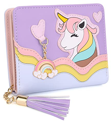 UTO Nette Geldbörse Mädchen PU Leder Portemonnaie Damen Quaste Anhänger Kartenhalter Kawaii Einhorn Muster Münze Geldbeutel für Valentinstag Muttertag Geburtstag Gedenktag Weihnachten Neujahr Lila