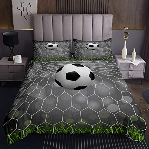 Loussiesd Jungen Fußball Tagesdecke 220x240cm für Kinder Sport Thema Steppdecke Fußball Aufbringen Bettüberwurf Grau Schwarz Weiß Hexagon Geometrie