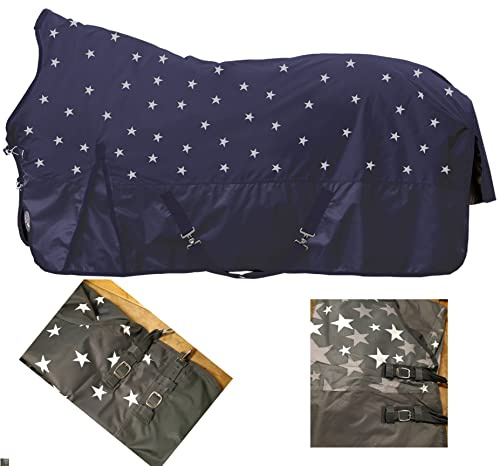 HKM San José Stars Pferdedecken Hellgrau 145 | 600D Ripstop Highneck Regendecke Weidedecke 0g glattes Innenfutter hellgrau Sterne 145