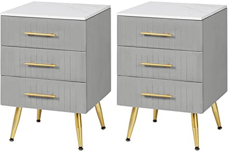 WOLTU 2 x Mesita de Noche con 3 Cajones Mesilla Auxiliar Sofá Mueble con Espacio de Almacenamiento Mesa de Café 40.5x41x60cm Blanco Gris Terciopelo MDF TS135gr-2