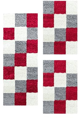 Carpetsale24 Bettumrandung Schlafzimmer 3 teilig Shaggy Hochflor Teppich Rot Bettvorleger Schlafzimmer Bettset: 2 St. 60x110 cm | 1 St. 80x150 cm - Teppich Läufer Set Kariert Design