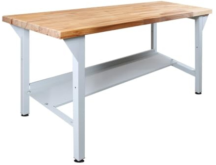 Steinbock Werkbank mit Ablage | 150x85x75 cm | 500 kg | Grau | 500 kg Tragkraft | 5 cm geölte Massivholz-Arbeitsplatte aus Buche | stabiles Stahlgestell | Werktisch | Made in EU
