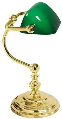 Licht-Erlebnisse Schreibtischlampe Messing massiv Glas H: 29 cm schwenkbar E14 in Messing poliert Grün Jugendstil Tischleuchte Bankerlampe Arbeitszimmer