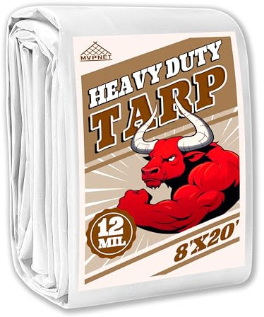 Tarp 8x20 ft Heavy Duty 12mil 100% Waterproof High Durability Multipurpose,Uv Resistant,White Tarp Suitable for Swimming Pools, Boats, Camping, Courtyards, Etc -by MVPNET