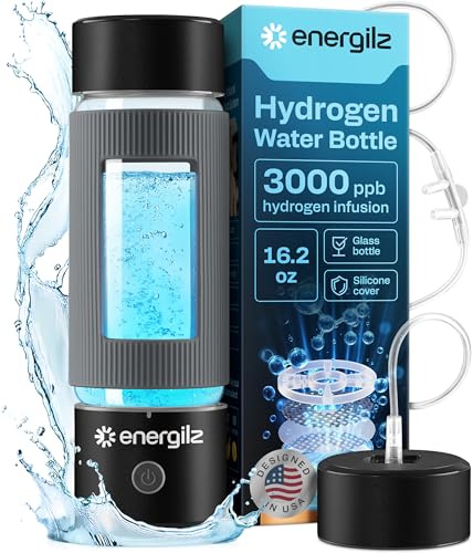 Energilz Hydrogen Water Bottle | Large 16.2 oz (480 ml) Hydrogen Water Bottle Generator 3000ppb | Hydrogenator Machine | SPE/PEM Hydrogenated Ionizer Generator (Black w/Gray)