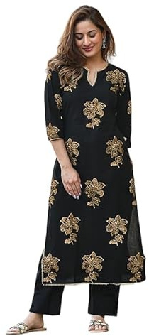 Jaanvi fashion Set Kurta da donna in rayon nero stampato oro con pantaloni etnici Palazzo, Nero corvino, S