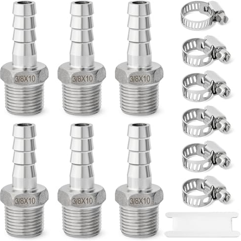Josaton Stainless Steel Barb Hose Fitting 3/8” BSP Male x 3/8” Barb (10mm), Hose Connector with Hose Clamp 6 Set Pipe Fitting for Air Water Fuel | Hose Connector with Hose Clamp 6 Set Pipe Fitting Hose Tail for Air Water Fuel