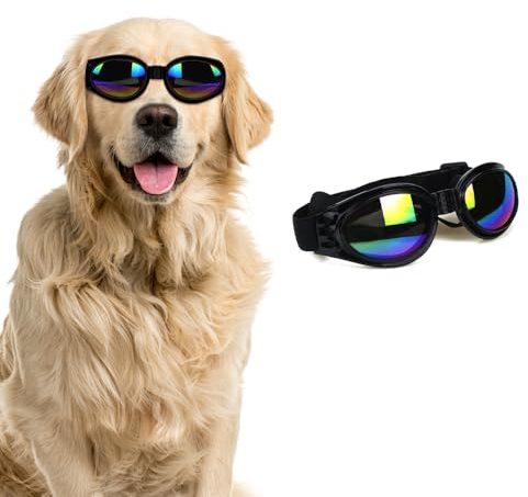 QKEPCY Hundebrille UV Schutzbrille Wasserdicht Winddicht Einstellbar Sonnenbrille Hund Haustier Sonnenbrille Mode Schutzbrille für Große Mittelgroße und Kleine Hundebrille(Schwarz)