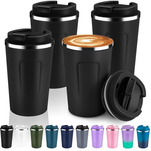 Volhoply 360ml doppelwandiger vakuumisolierter Reise-Thermobecher, 18/8 (304) Edelstahl-Kaffeebecher to go mit Klappdeckel, eignet sich für Auto, Büro und Reisen (Schwarz, 4er-Set)