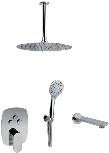 GALYON, Ducha Empotrada, Conjunto de Baño Monomando con Pulsador 3 Vías, Rociador Redondo 25 cm y Brazo de Ducha a Techo.