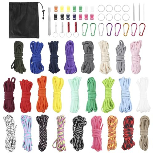 QWORK® 26 Rouleaux Paracorde, Paracorde en Nylon 3 Mètre/Rouleau, Multicolores Paracordes Set avec Accessoires, pour Bracelets DIY, Laisses pour Chiens, Décorations