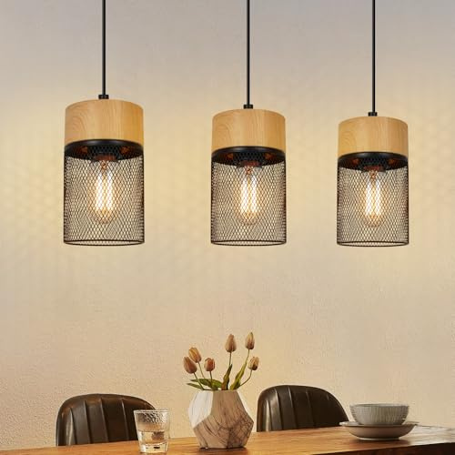 GBLY Hängelampe Vintage Pendelleuchte Esstisch 3 Flammig Hängeleuchte | Schwarz Holzmaserung Wohnzimmer Esszimmerlampe Industrial E27 Lampenfassung MAX 25W Esstischlampe Schlafzimmer Küche Bar Flur