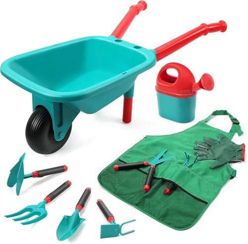 CUTE STONE Carriola Bambini Set di attrezzi da giardinaggio per bambini, giocattoli da giardino con carriola, guanti, rastrello a mano, pala doppia zappa, giocattoli per interni ed esterni, regalo per