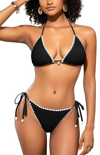 SHEKINI Damen Triangle Neckholder gewebtes Bikini-Set, sexy Zweiteiliger Badeanzug mit Krawatte, süßer Shell-Badeanzug (DE/NL/SE/PL, Alphanumerisch, M, Regular, Regular, schwarz)