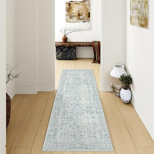 HUGEAR Blau Vintage Teppich Läufer Flur 60x180cm Waschbar | Waschbarer Teppich, Rutschfest Weich, Kurzflor Retro, für Vorzimmer, Schlafzimmer Küche, Brücken Hallway, Carpet