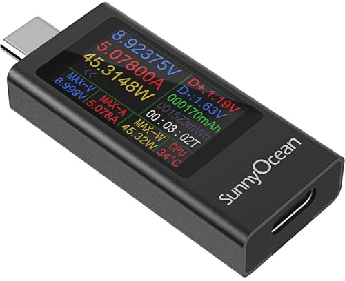 SunnyOcean USB C Tester Messgerät, Typ-C Digital Multimeter, 4-30V 0-12A 0-360W PD Voltmeter Strommessgerät Power Meter, USB Kapazität Spannungsprüfer, Leistungskapazität Detektor