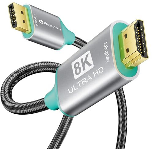 Reborn Cable DisplayPort a HDMI 8K de 10 pies 【8K a 60Hz 4K a 144/120Hz】 Fuente activa unidireccional DP 1.4 a HDMI 2.1 cable trenzado puerto de visualización compatible con HDR, HDCP2.3, 32.4Gbps