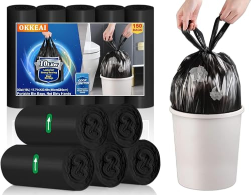 OKKEAI 150 bolsas de basura pequeñas con asa – Bolsas de basura de 10 l (45 x 50 cm) negras, bolsas de basura resistentes | Bolsas de basura resistentes e impermeables para cocina, baño