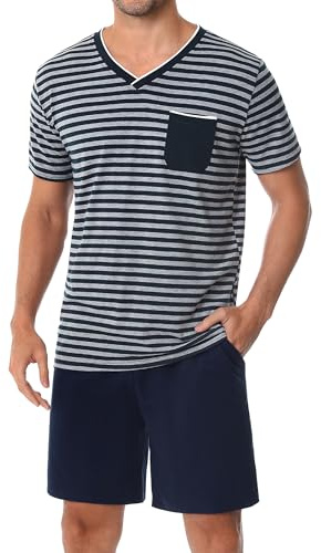Leversic Verano Conjunto de Pijama Hombre Ropa de Dormir de Algodón Camisetas de Pijama a Rayas de Manga Corta y Pantalones Cortos para Dormir con Bolsillos