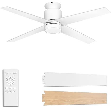 Ohniyou Deckenventilator mit Beleuchtung und Fernbedienung, 132 cm Deckenventilator mit Licht, Leise, 4 Flügel, 6 Geschwindigkeiten, für Schlafzimmer, Wohnzimmer, Weiß
