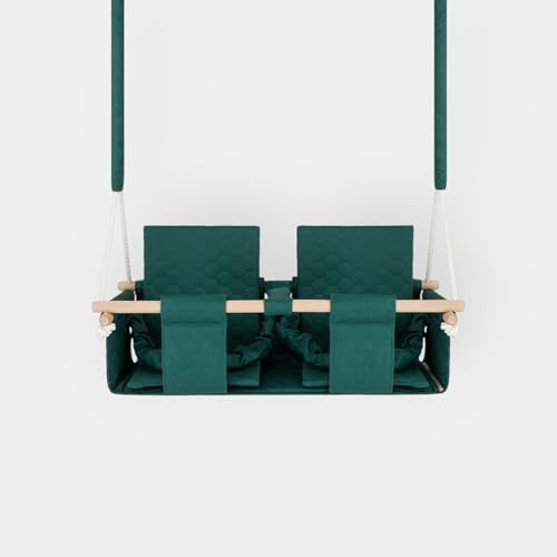 Nido mágico columpio gemelos interior exterior – doble asiento seguro con cinturones – madera natural – de 9 meses a 4 años – Carga 30 kg – Verde