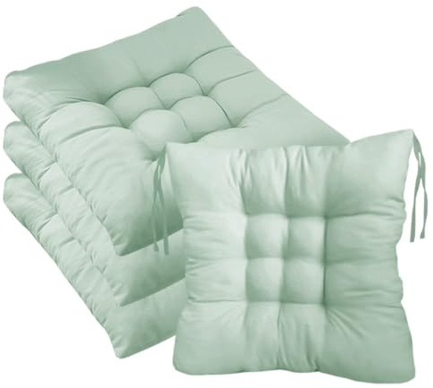 4 Pack Outdoor Seat Cushions with Secure Tie Straps, 40x40cm Non-Slip Durable Chair Pads, Vibrant Pure Colour Cotton Soft Chair Cushions Pads for Dining, Kitchen, Patio & Garden Chairs (light green)