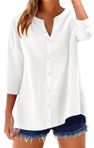 Rapbin Womens Tops 3/4 Length Sleeve Cotton Linen Button Down Ladies Blouses V Neck Solid Casual Loose Fit Roll Up Sleeve T-Shirt（White,M）
