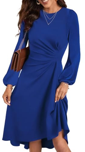 HUXRAKV Vestidos de Fiesta Mujer Elegantes Manga Larga Pliegue en la Cintura Vestido A-línea Coctel Vestido Invitada Boda,42-Azul,L