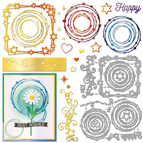 GLOBLELAND Stars Lines Frame Cutting Dies for Card Making Circular Frames Die Cuts Heart Star Borders Metal Die Cut Dies for DIY Scrapbooking Embossing Photo Album Craft Decor