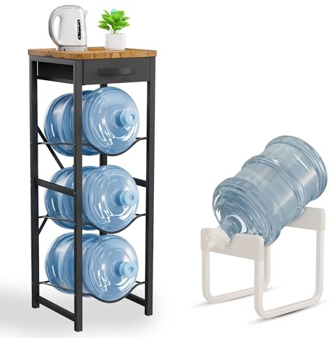 Mivoro 5 Gallon Water Jug Holder Stand 3-Tier Water Bottle Storage Rack & Dispenser Organizer with Stainless Steel Frame, BPA-Free Fast-Flow Spout, Heavy-Duty Wood Top Shelf for Home Kitchen & Office