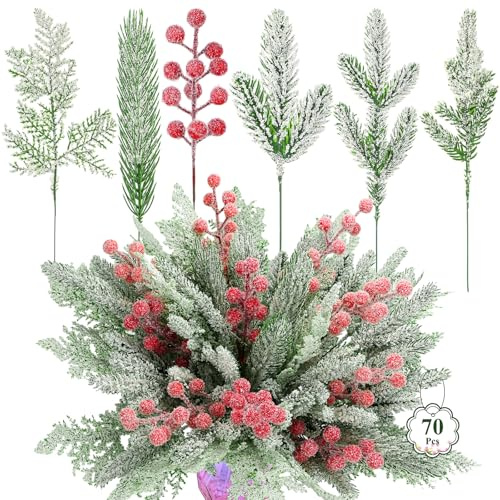 70 Stück Weihnachts-Schnee-Kiefernzweige– Künstliche Kiefernnadeln mit roten Beerenzweigen, falsche Zedernkiefer für DIY-Weihnachtsbaum, Weihnachtskranz, Girlanden, und Winter-Weihnachtsdekorationen