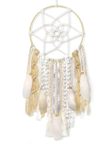 LOMOHOO Dream Catchers Beige Macrame Woven Wall Hanging Boho Wall Art Tassel Tapestry Wall Decor for Bedroom, Living Room, Crochet Design Handmade Dreamcatcher Ornament Craft
