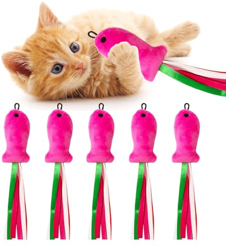 LAIBUY Katzenspielzeug, rosa Fisch, 5 Stück, Katzenminze-Spielzeug, gefüllter weicher Plüsch, Federstab-Zubehör mit Bändern, interaktives Spielzeug für den Innenbereich, Kätzchen, Spielübungen, Kauen